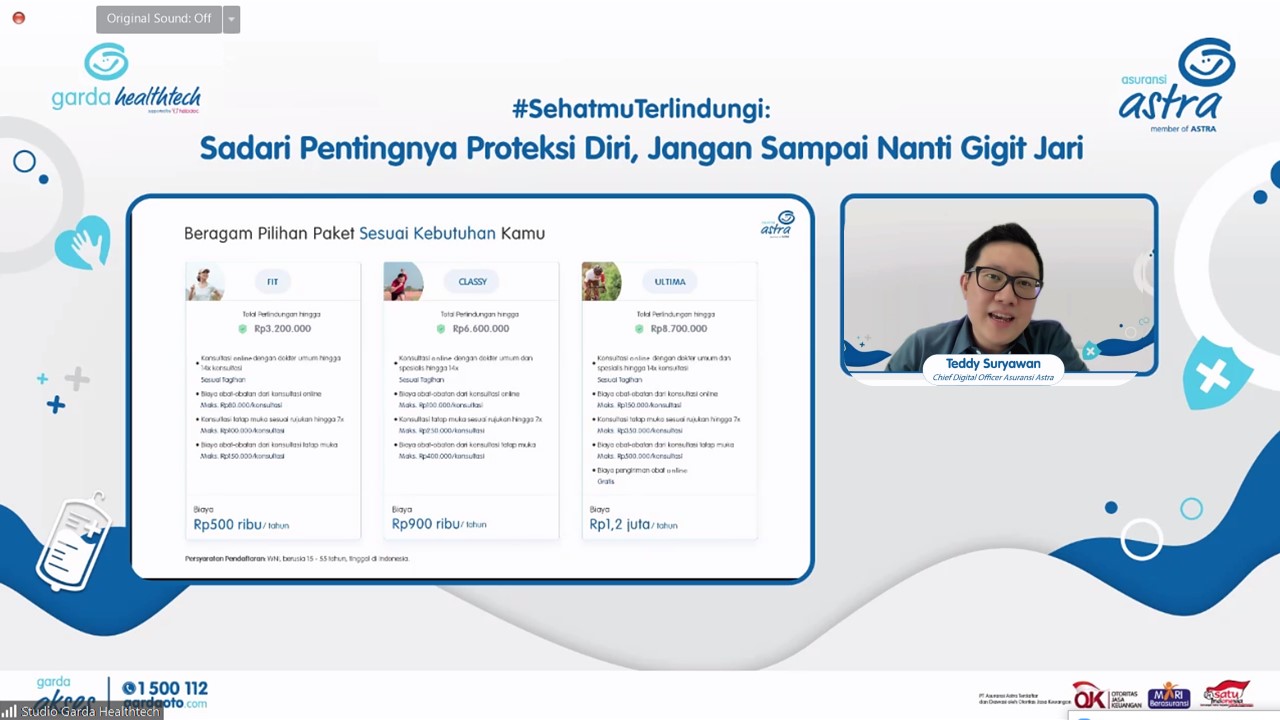 Teddy Suryawan, Chief Digital Officer Asuransi Astra menjelaskan mengenai salah satu cara proteksi diri dengan asuransi kesehatan rawat jalan Garda Healthtech kepada ratusan peserta webinar