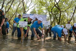 Ketua Pengelola Ekowisata Mangrove Wonorejo, Bapak Joko Suwondo (tengah-kanan) dan President Director Asuransi Astra, Christopher Pangestu (tengah-kiri) melangsungkan penanaman dengan semangat kolaborasi guna menjaga kelangsungan lingkungan hidup untuk hari Ini dan mendatang.